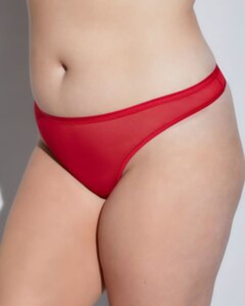 Front of a model wearing a size 1X Classic Mesh Thong in Mystic Red by Cosabella. | dia_product_style_image_id:253539